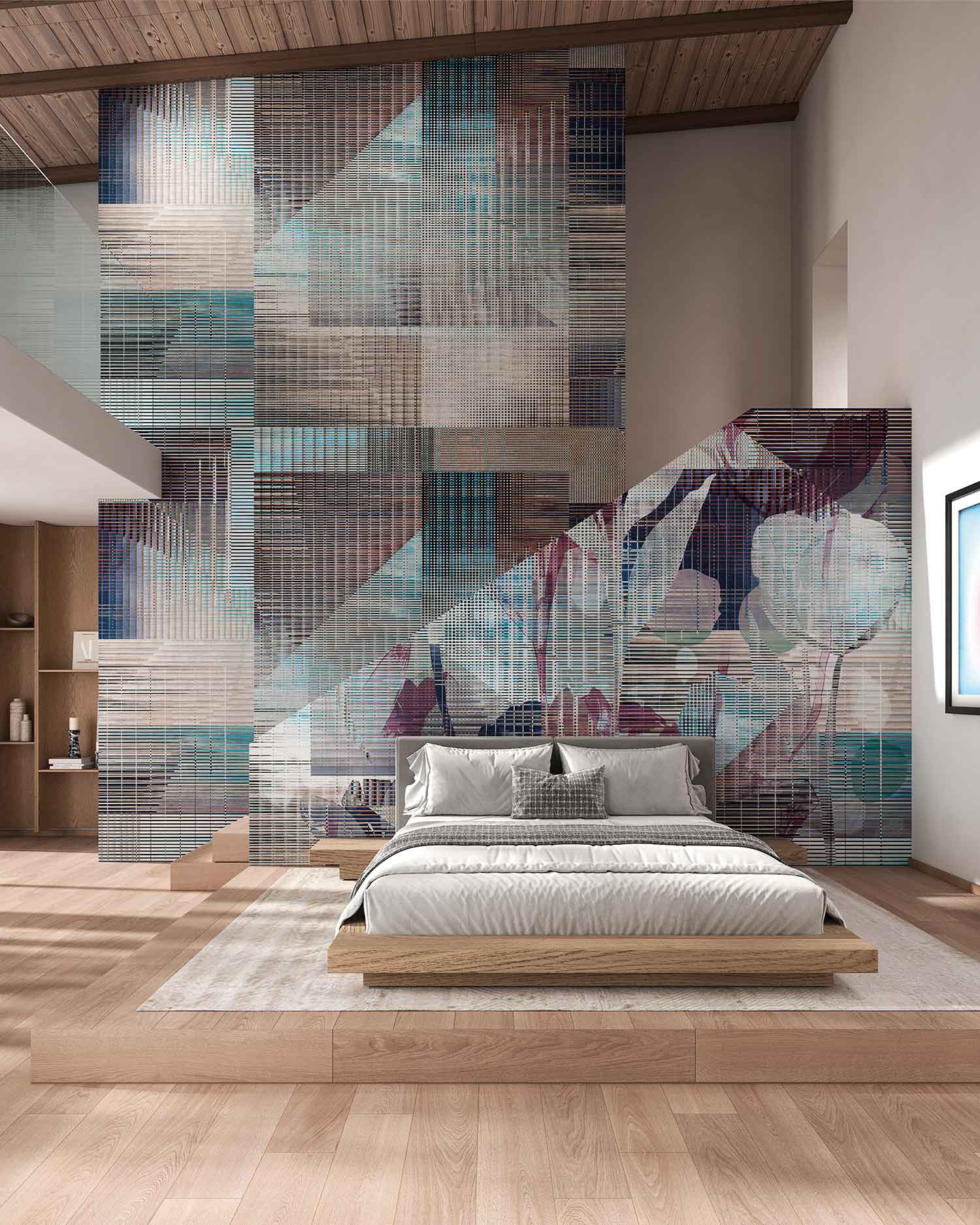 Fragmenta wallcovering in a tall contemporary bedroom